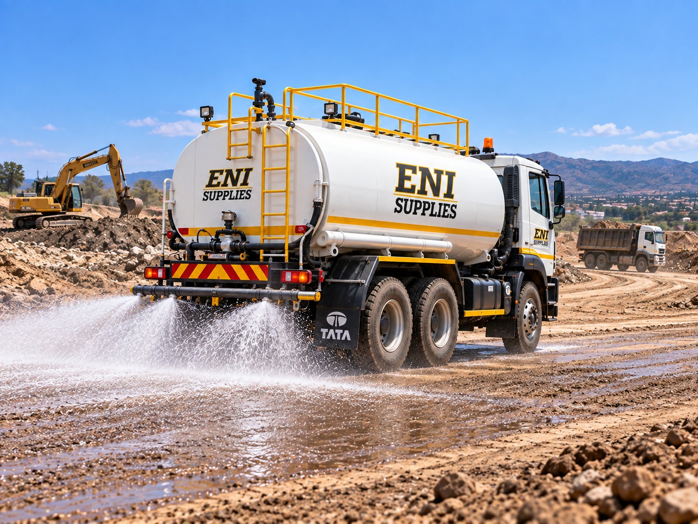 ENI Supplies TATA water truck spraying water from the rear on an earthworks site